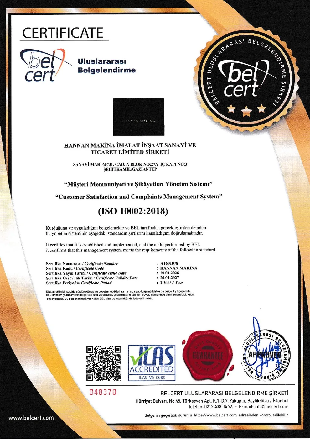 ISO 10002:2018 Müşteri Memnuniyeti ve Şikayetleri Yönetim Sistemi belgesi
